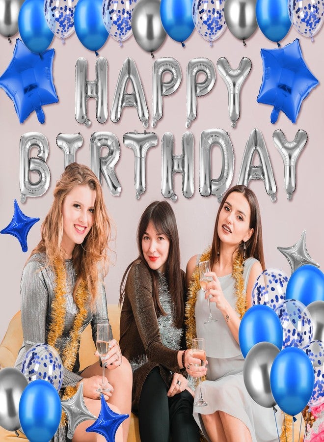 Woosytoo زينة بالونات عيد ميلاد سعيد باللون الأزرق، بالونات عيد ميلاد باللون الأزرق الملكي والفضي، لافتة حروف، 6 بالونات على شكل نجمة، بتلات ورد صناعية زرقاء، 24 شمعة LED بدون لهب، مثالية لغرفة النوم أو الفندق أو حفلة عيد ميلاد. - Image 5